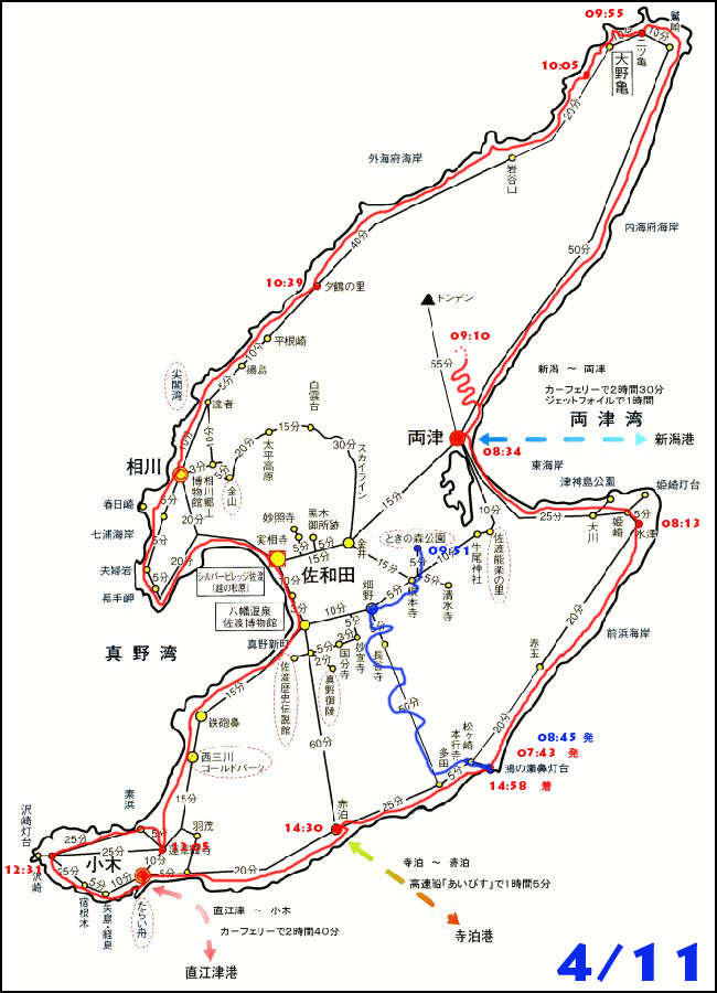 佐渡島の地図：経路と時間