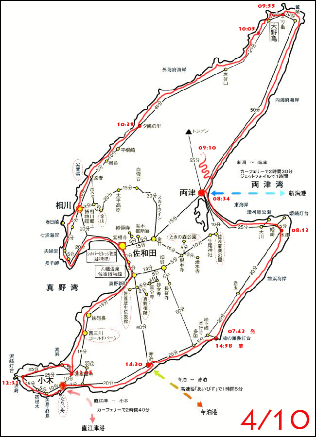 佐渡島の地図：経路と時間